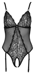 Cottelli LINGERIE - Czarne Siateczkowe Body Z Delikatną Koronką Bez Krocza L