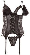 Cottelli LINGERIE - Koronkowa Koszulka Z Paskami Do Pończoch + Stringi Czarne XL