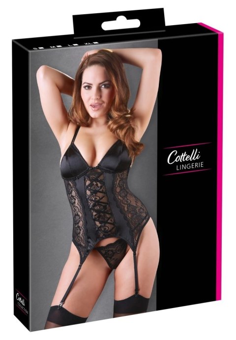 Cottelli LINGERIE - Koronkowa Koszulka Z Paskami Do Pończoch + Stringi Czarne L