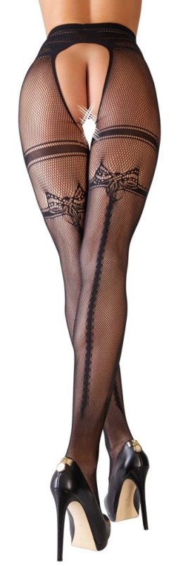 Cottelli LEGWEAR - Czarne Siateczkowe Rajstopy Z Podwiązka Bez Krocza L/XL