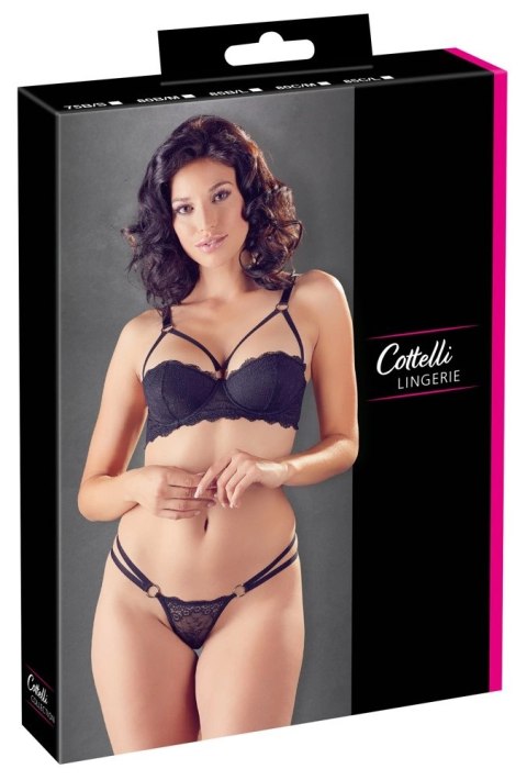 Cottelli LINGERIE - Seksowne Koronkowe Stringi Z Paseczkami I Biustonosz Na Fiszbinach Czarny 85C/L