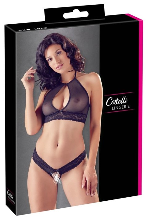 Cottelli LINGERIE - Siateczkowy Biustonosz I Otwarte Stringi Z Delikatną Koronką S/M