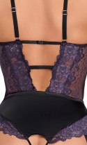 Cottelli LINGERIE - Body Z Fioletowej Koronki Z Paskami Do Pończoch Bez Krocza L