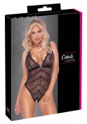 Cottelli LINGERIE - Elastyczne Czarne Body Bez Krocza Z Kwiatową Koronką S