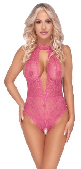 Cottelli LINGERIE - Różowe Koronkowe Body Z Otwartym Kroczem L/XL