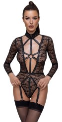 Cottelli LINGERIE - Seksowne Koronkowe Body Z Długim Rękawem Wygląd Uprzęży Czarne XL