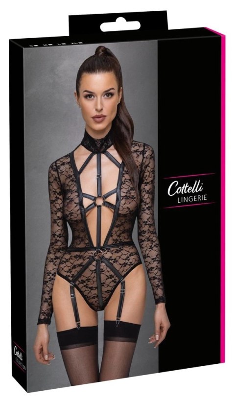 Cottelli LINGERIE - Seksowne Koronkowe Body Z Długim Rękawem Wygląd Uprzęży Czarne L